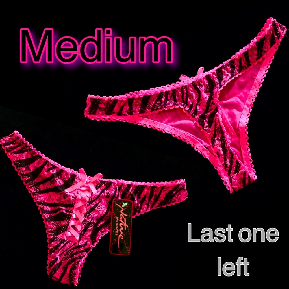 Neon hot Pink Zebra Leopard Print Lace Thong Lace-Up Front medium stripper